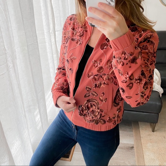 Endless Rose Jackets & Blazers - Endless Rose Embellished Coral Bomber Jacket